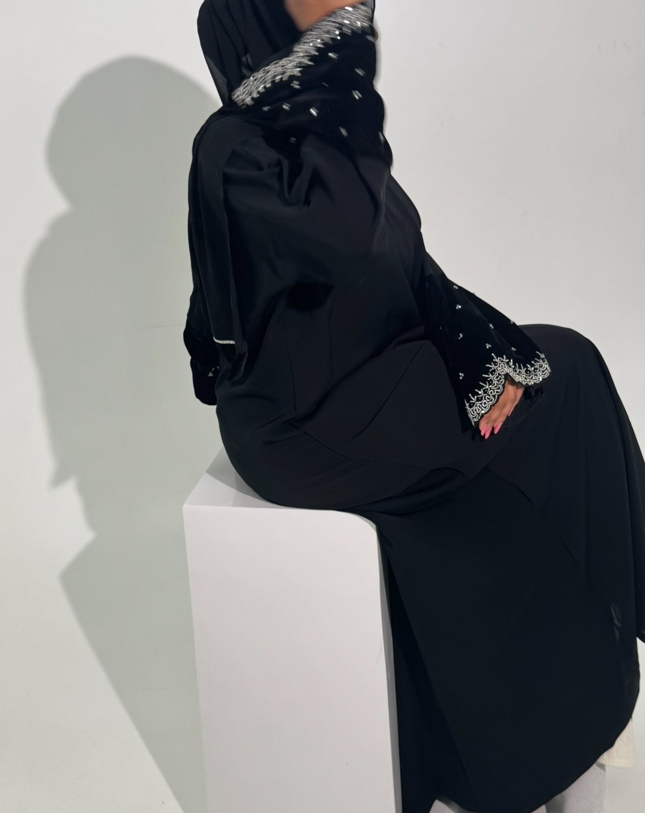 Anwar - black Nida with velvet beaded cuffs